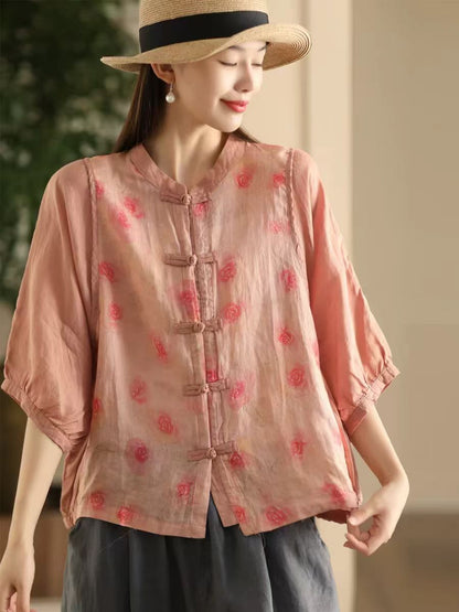 Women Summer Vintage Flower Spliced Button-up Ramie Shirt FD042