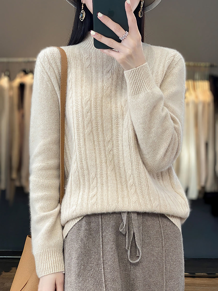 Women Autumn Solid Cable Knit 100%Wool Half Turtleneck Sweater QN027