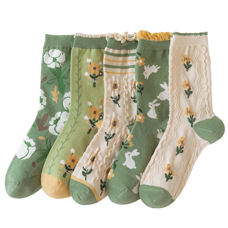 Lot de 5 paires de chaussettes mi-mollet vertes à motif floral artistique pour femmes IO1011