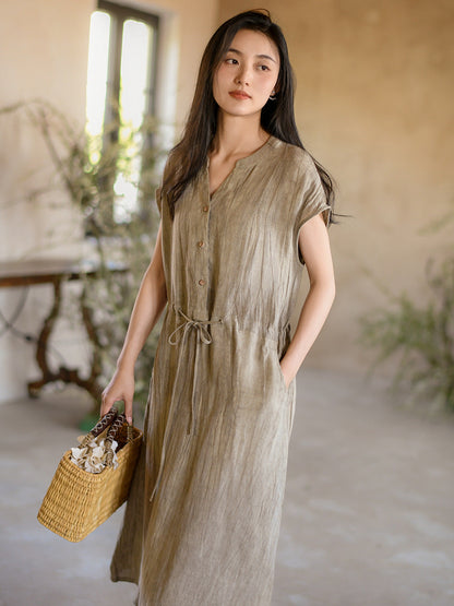 Women Summer Vintage Solid Strap Wrist Linen Dress OO1011