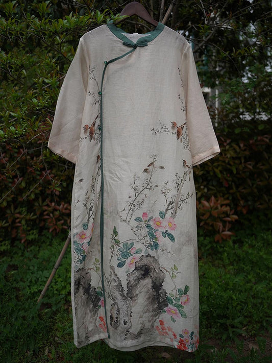 Women Ethnic Summer Flower Print Ramie Robe Dress XX1019