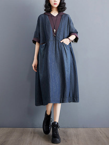 Women Summer Casual Spliced Denim Hooded Dress WE1034