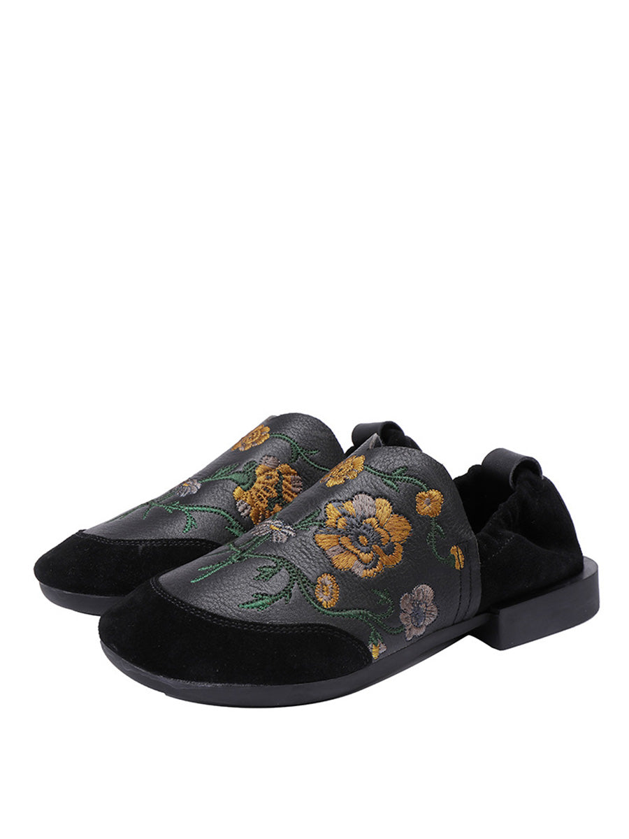 Women Ethnic Autumn Embroidery Leather Low Heel Shoes AI1020