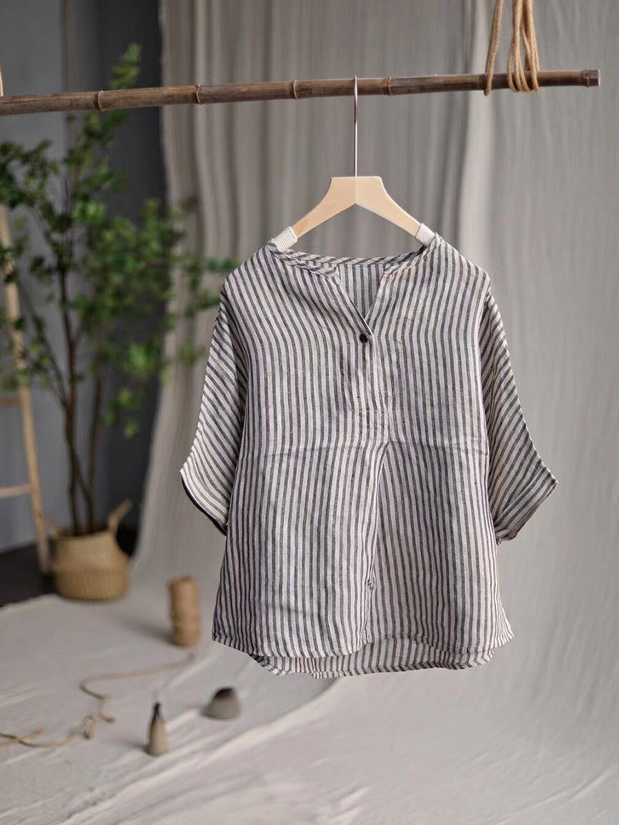 Women Casual Stripe Summer Linen V-Neck Shirt PA1001