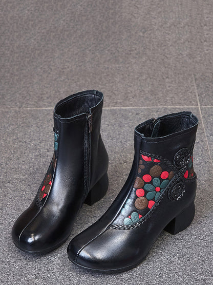 Women Ethnic Winter Flower Spliced Leather Mid-Heel Boots AI1013