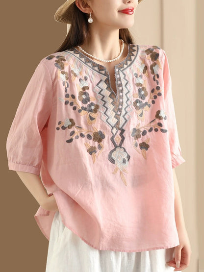 Women Summer Ethnic Flower Embroidery Ramie Shirt BN1009