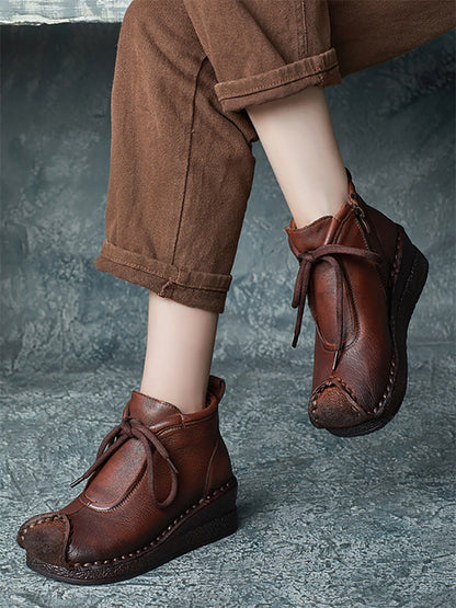 Women Vintage Genuine Leather Spliced Strap Mid-Heel Boots QU019