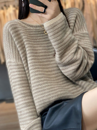 Women Autumn Casual Stripe O-Neck Wool Knit Sweater AT1012