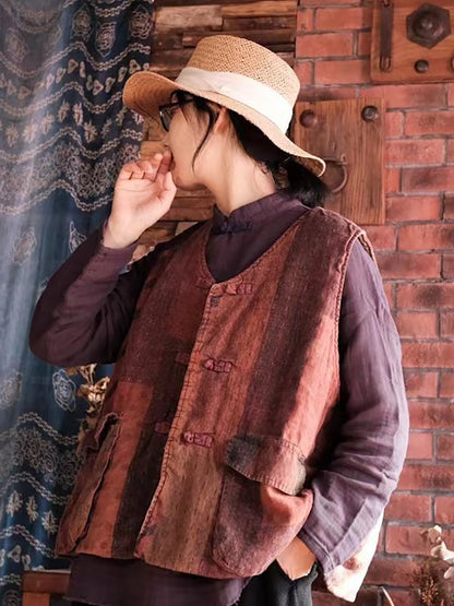 Women Retro Print Linen Cotton Padded Vest AT1078