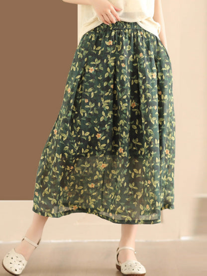 Women Artsy Summer Flower Ramie A-shape Skirt CO1025