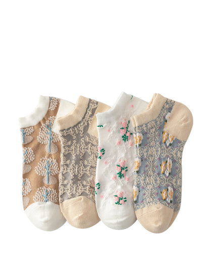 4 Pairs Women Summer Artsy Flower Jacquard Socks AS1009