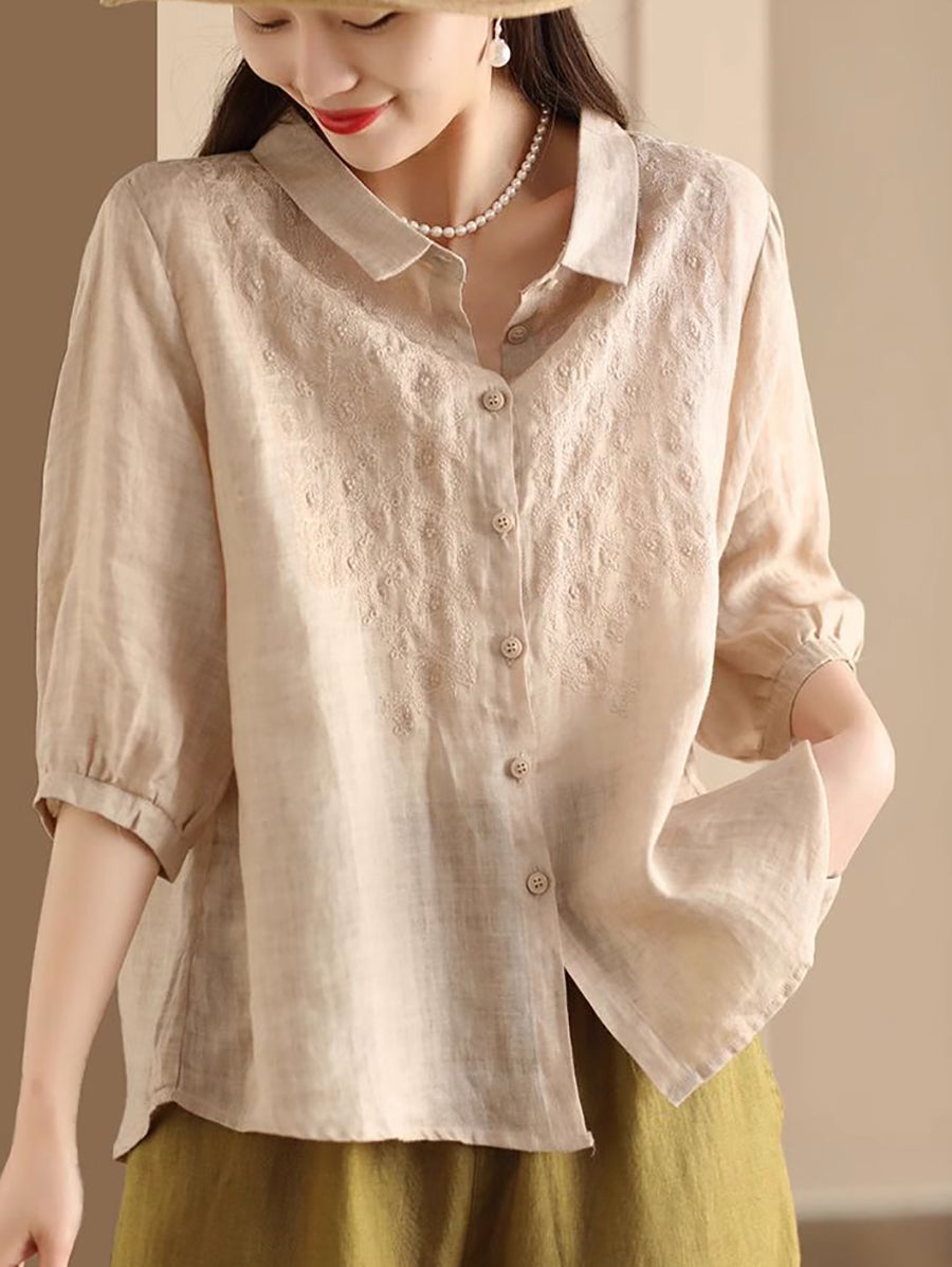 Women Vintage Embroidery Summer Ramie Loose Shirt SC1003