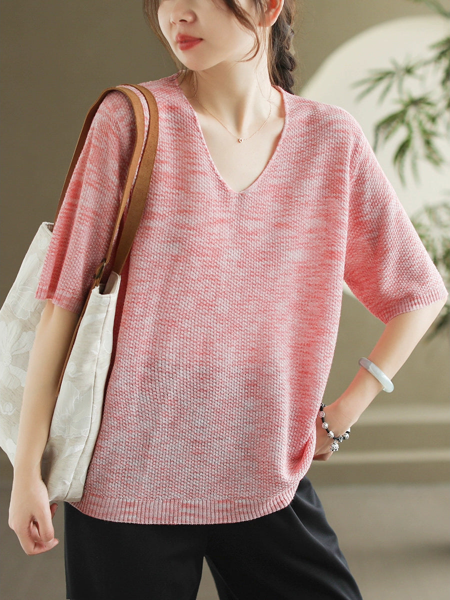 Women Summer Casual Knitted Linen V-Neck Shirt WE1029