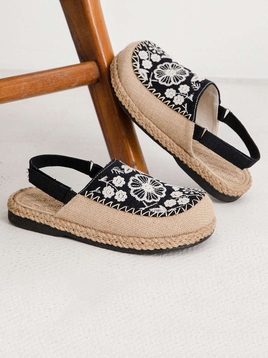 Sandales pour femmes en lin brodées de fleurs ethniques
