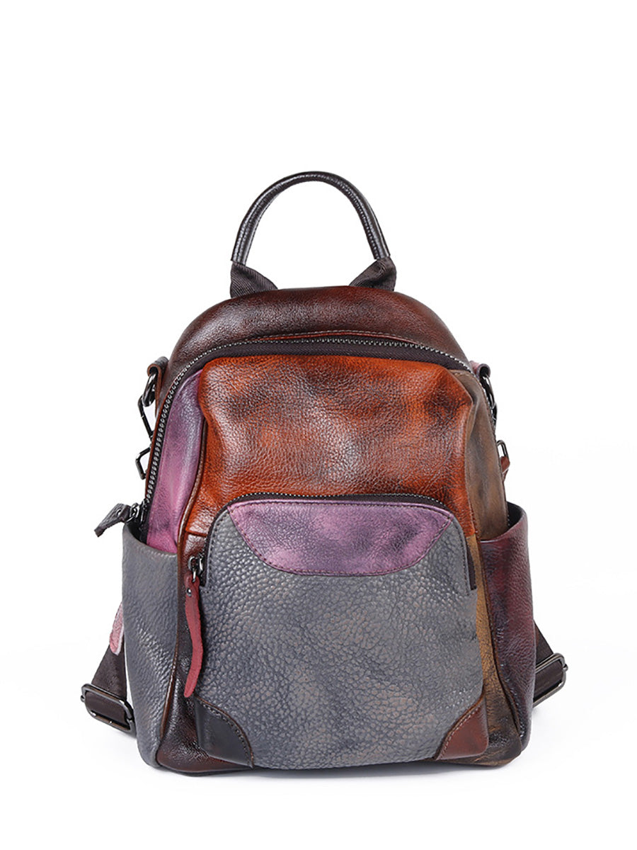 Women Colorblock Hand Painted Outdoor Leather Backpack AH1072