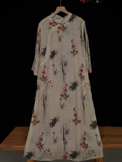 Women Summer Vintage Floral Bamboo Robe Ramie Dress TY1008