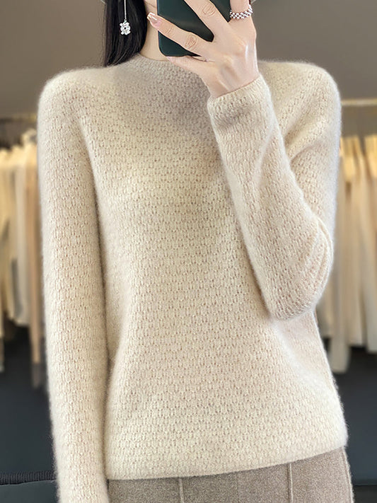 Women Autumn Casual Solid Knit 100%Wool O-Neck Sweater WU010