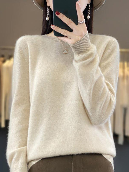 Women Autumn Solid Knit 100%Wool O-Neck Sweater WU023