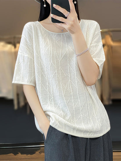 Women Summer Solid Jacquard Loose Half-Sleeve Shirt WE1033