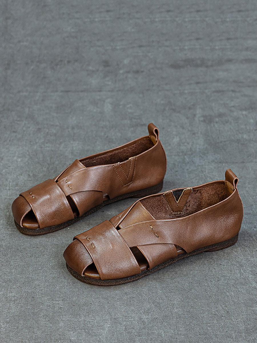 Sandales plates vintage en cuir véritable pour femmes