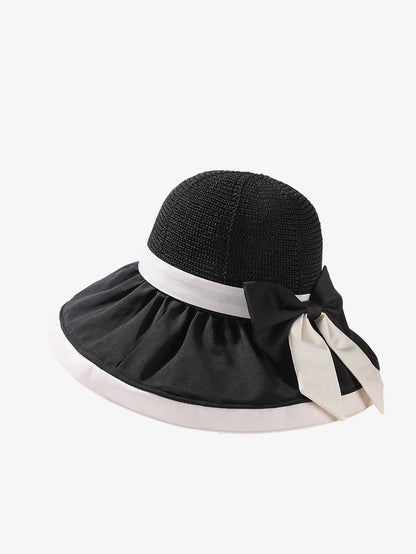 Women Summer Colorblock Large Brim Bowknot Hat WE1003