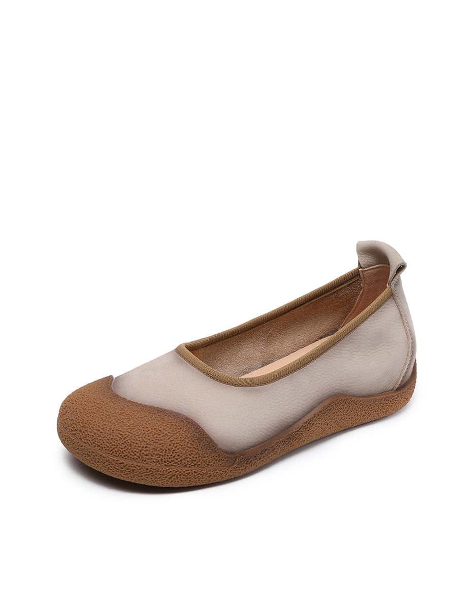 Summer Colorblock Leather Women Flat Genuine Shoes