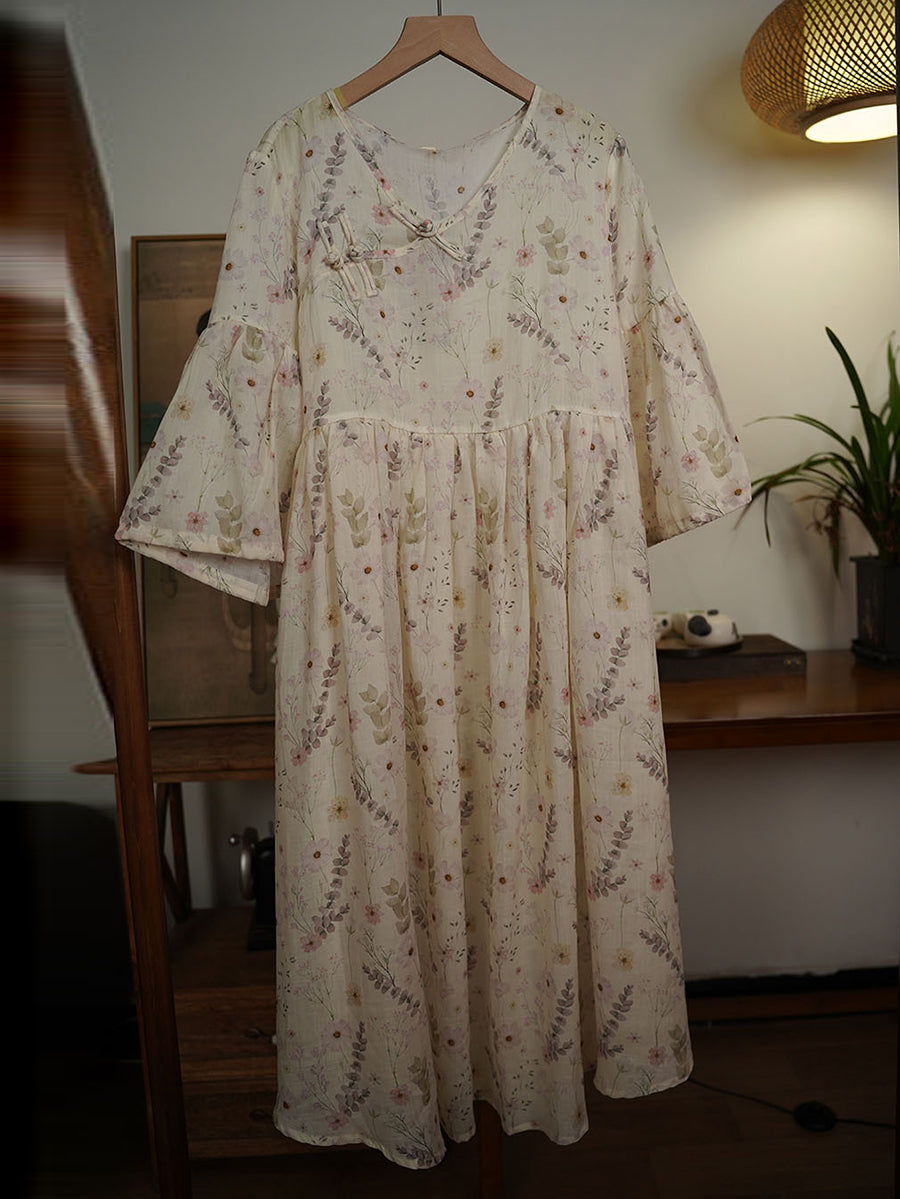 Robe d'été ethnique à fleurs et col en V pour femme en ramie avec boucle TY1007