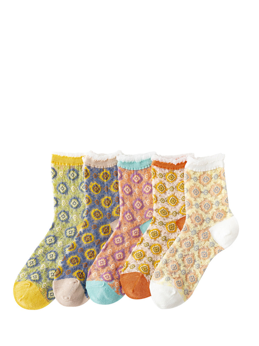 5 Paar Damen Blumen Jacquard Spitzensocken AS1010