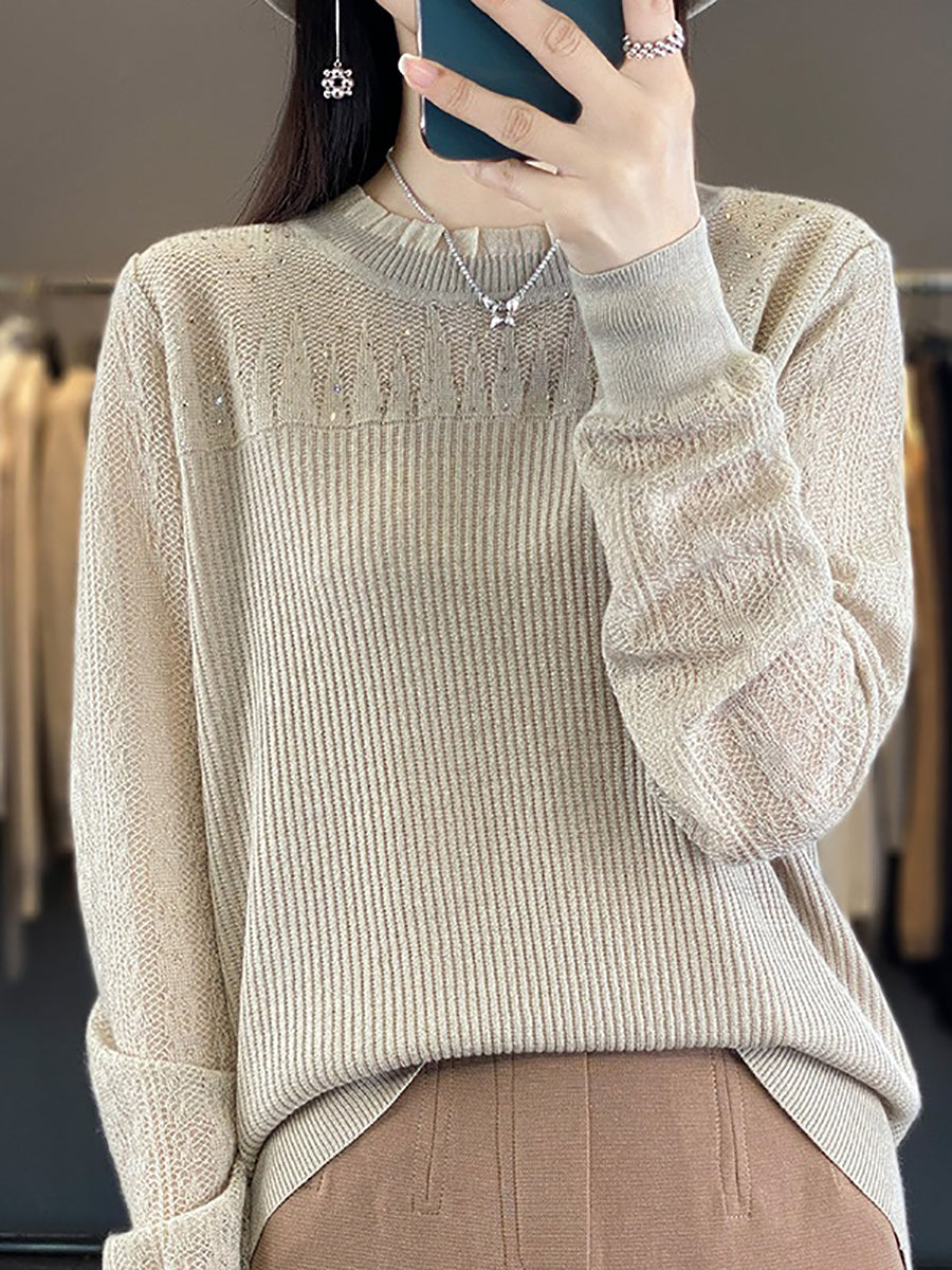 Women Autumn Solid Lace Knit Sweater QM030