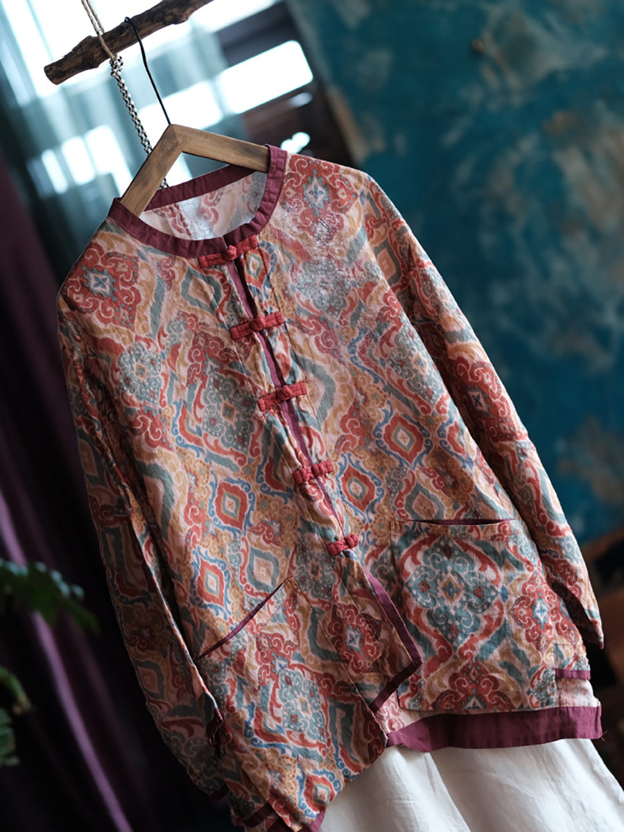 Women Vintage Spring Colorblock Flower Ramie Shirt Coat KL1035