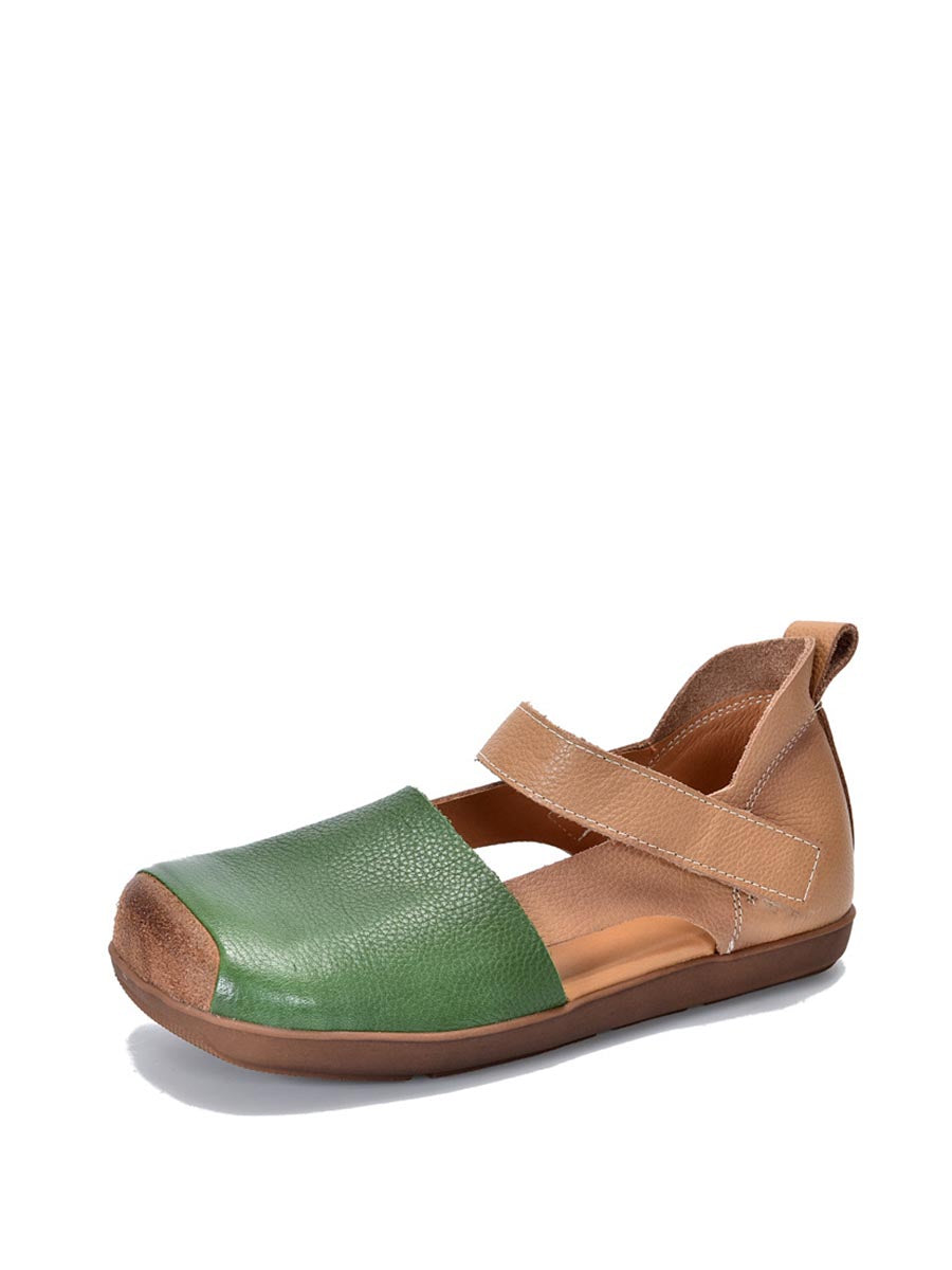 Women Vintage Summer Leather Colorblock Flat Shoes XX1023