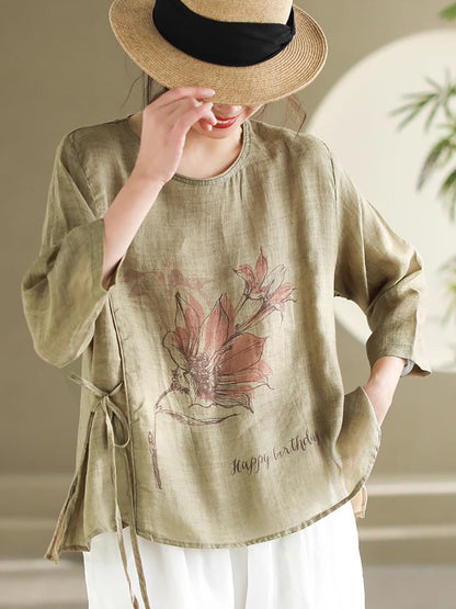 Women Spring Flower Vintage Strap Ramie Blouse PA1032