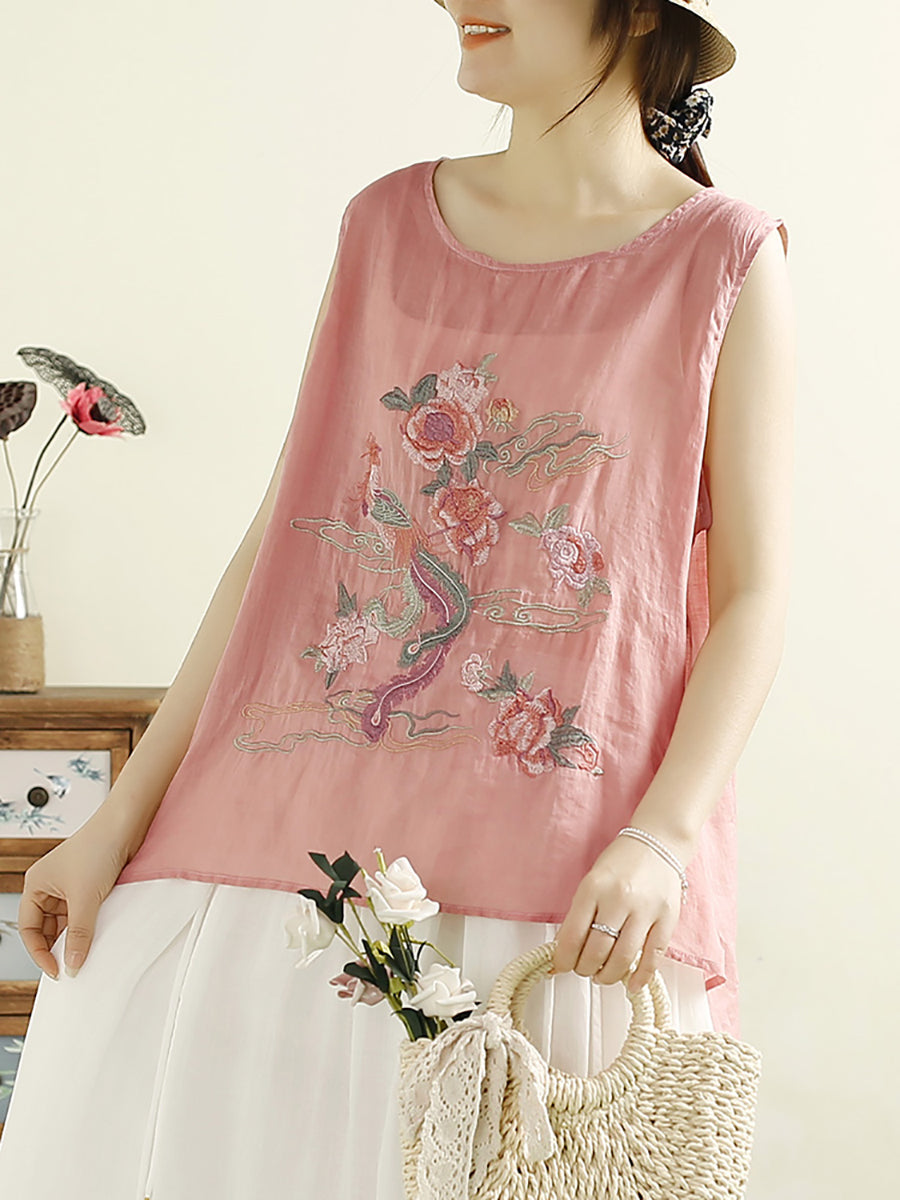 Women Vintage Flower Embroidery Ramie Summer Vest WE1022