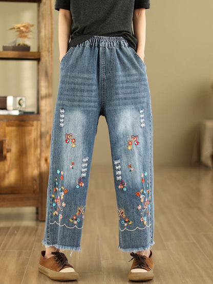 Women Summer Retro Embroidery Frayed Straight Denim Pants AS1042