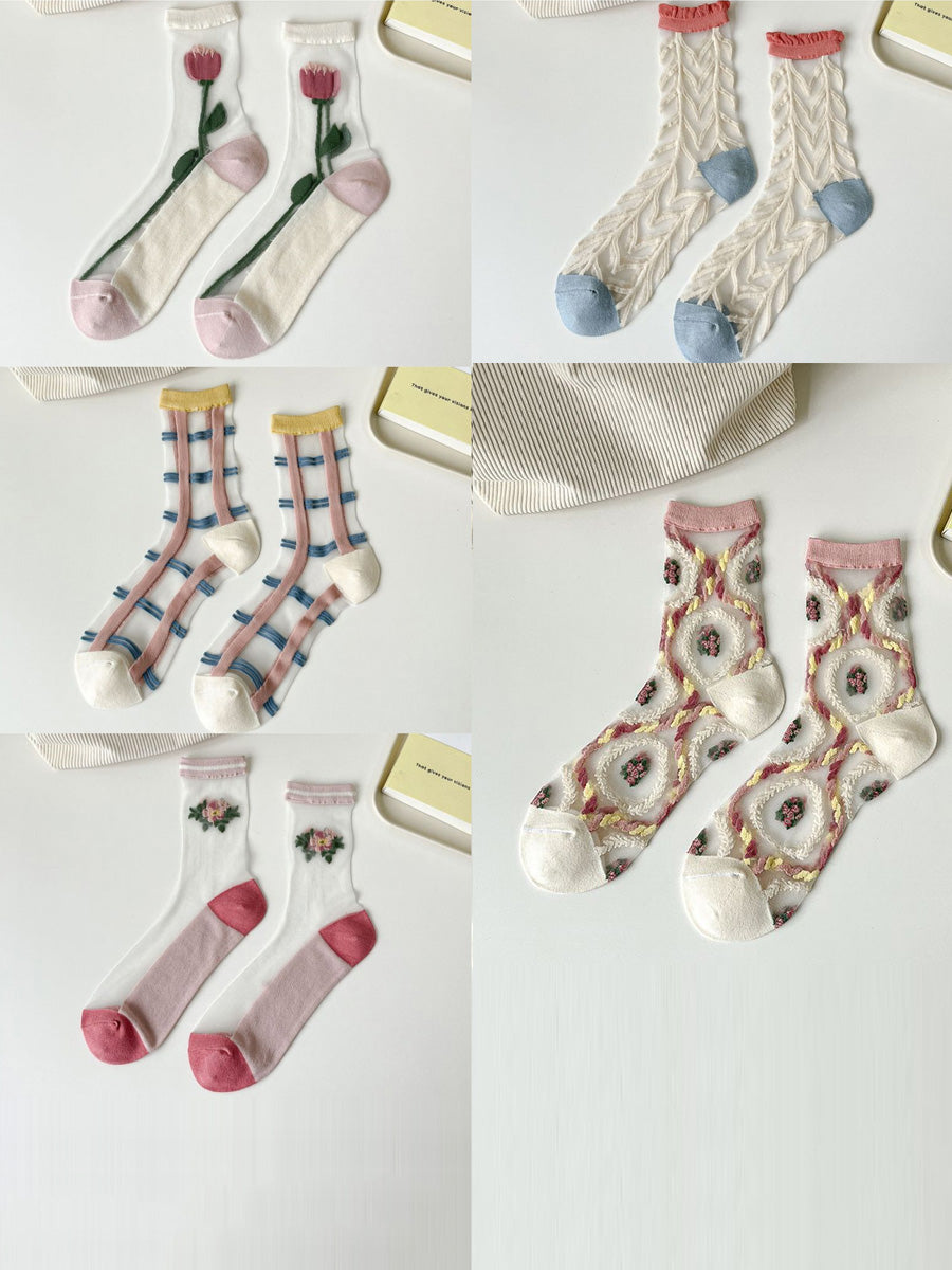 Lot de 5 paires de chaussettes fines en jacquard à fleurs artistiques pour femmes CX040