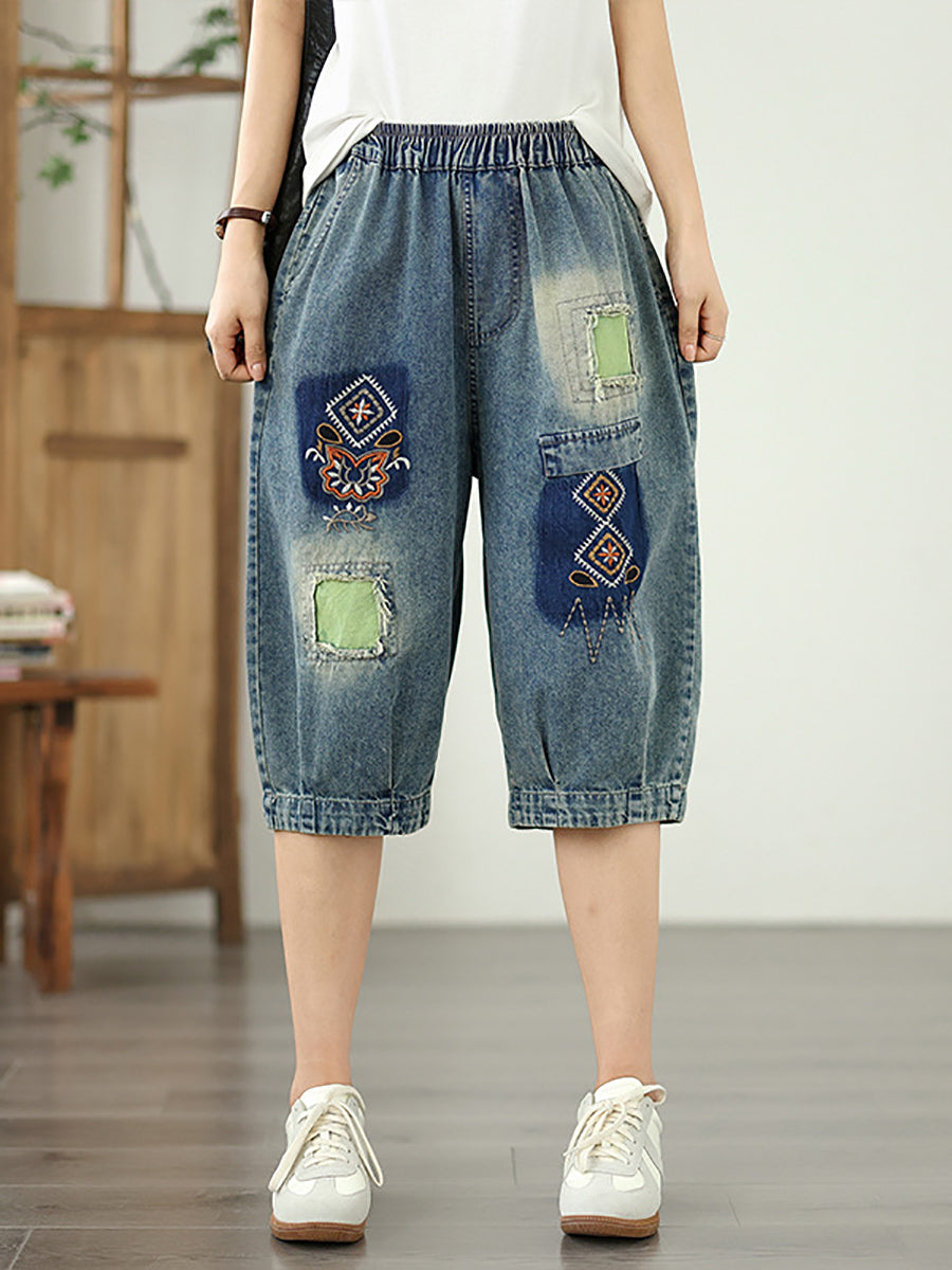 Denim Blume Retro Stickerei Fünfte Frauen Hosen Patchwork 
