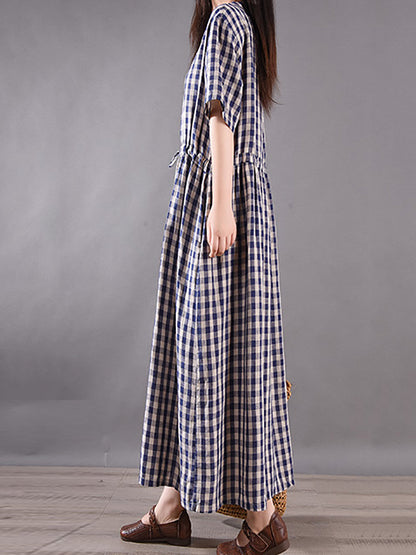 Women Summer Vintage Plaid Strap Linen Cotton Dress CV1036