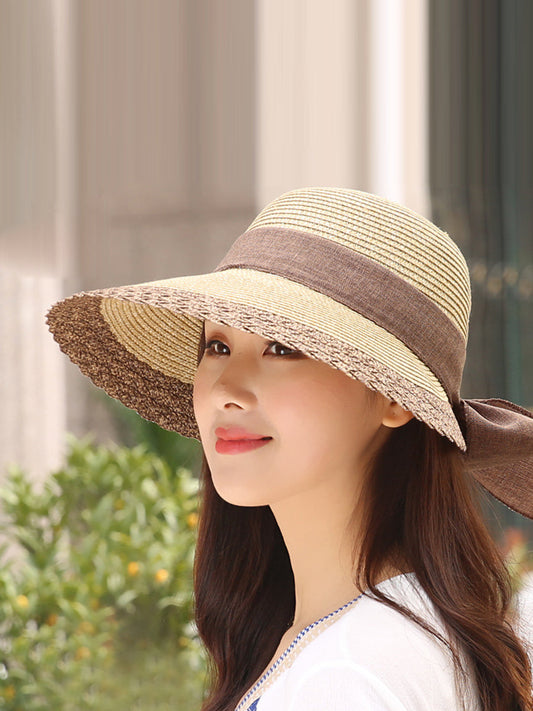 Women Summer Straw Colorblock Large Brim Sunproof Hat ZZ1028