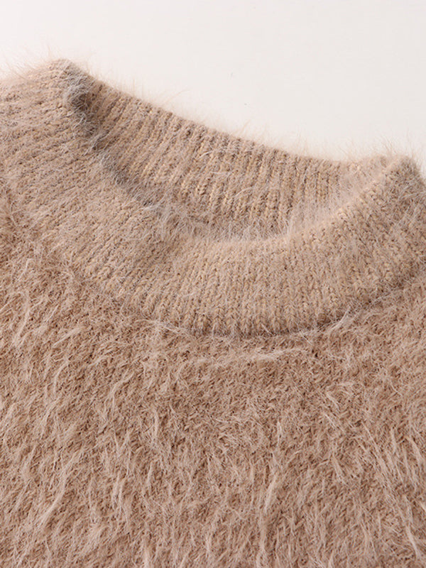 Simple Loose Coffee Round-Neck Long Sleeve Mohair Knit Top AN1062