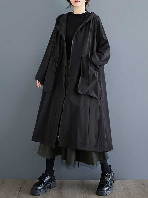 Casual Balck Hooded Pockets Zip-up Drawstring Hem Long Sleeve Trench Coat TW021