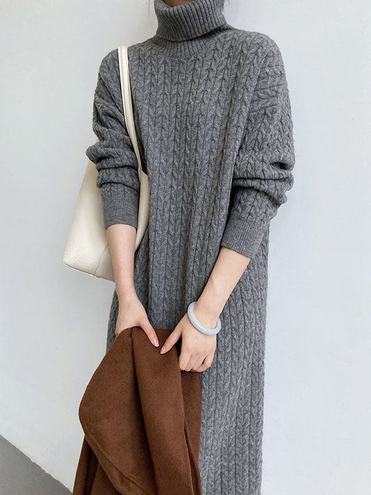 Casual Grey High-Neck Long Sleeve Twist Knit Dress AN1053