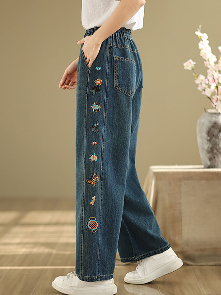 Hosen Stickerei Damen Weites Bein Retro Denim 