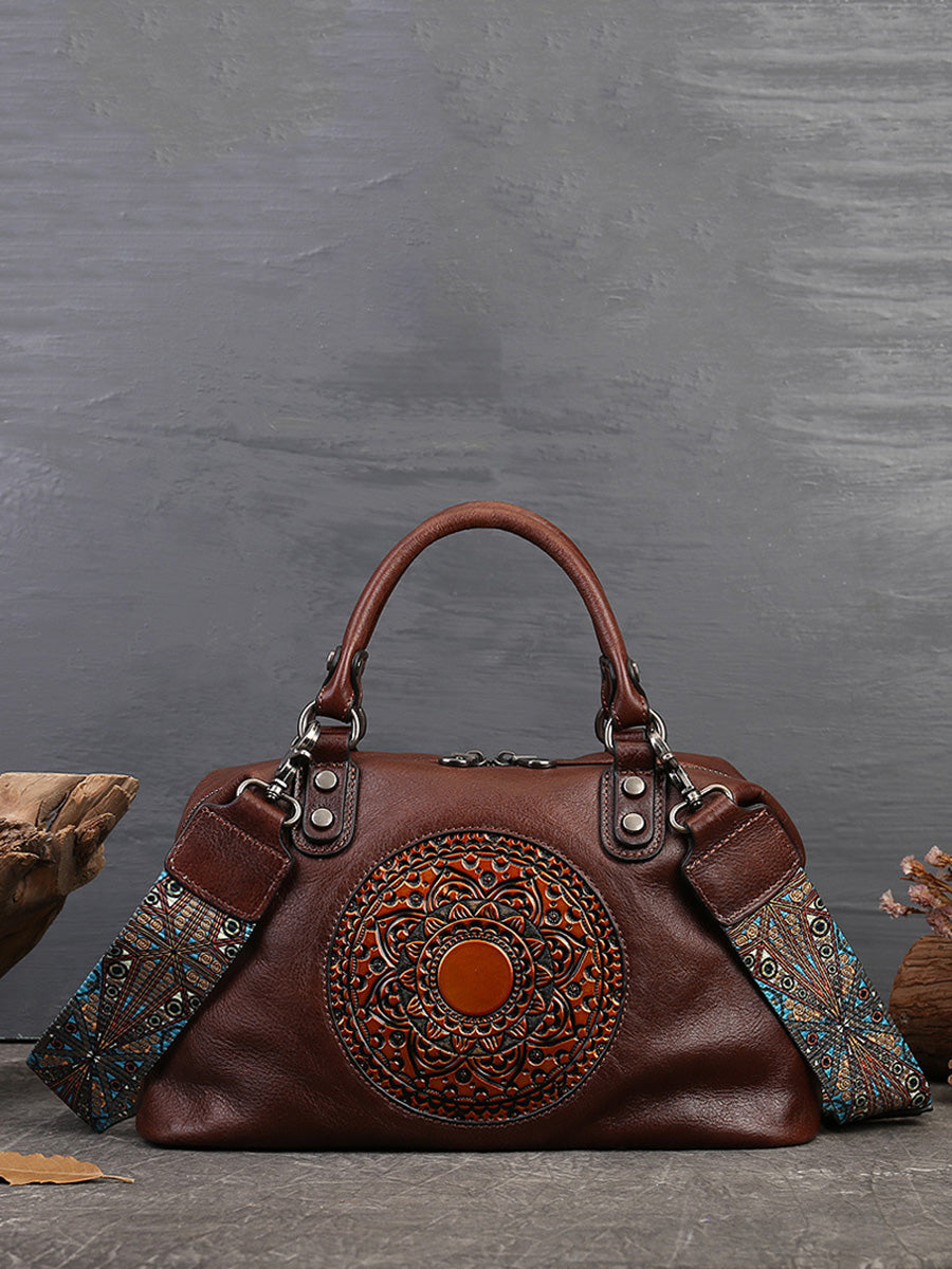 Women Leather Flower Spliced Capacity Hand Bag Shoulder Bag AX1007