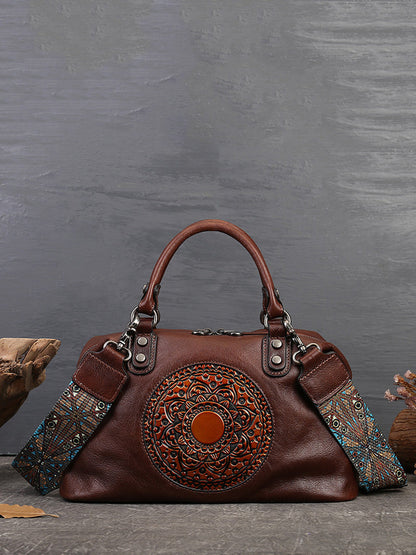 Women Leather Flower Spliced Capacity Hand Bag Shoulder Bag AX1007