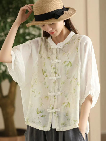 Women Summer Vintage Flower Spliced Button-up Ramie Shirt FD042