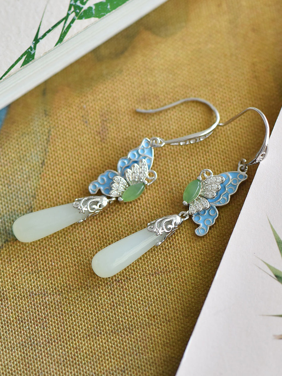 Butterfly Ethnic Enamel Earrings Women Jade S925Silver