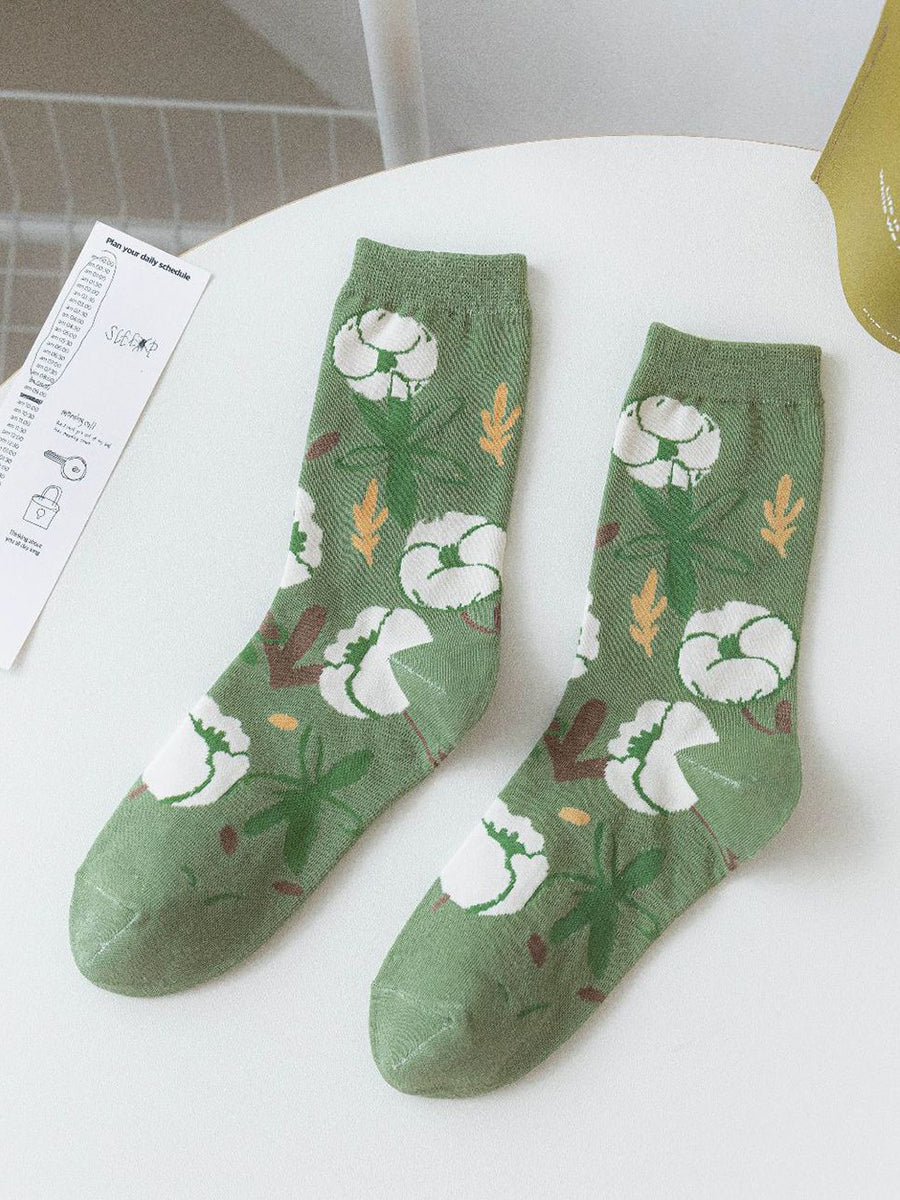 Lot de 5 paires de chaussettes mi-mollet vertes à motif floral artistique pour femmes IO1011