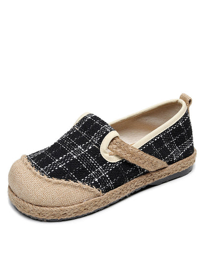 Women Artsy Summer Plaid Linen Spliced Flat Shoes RR007