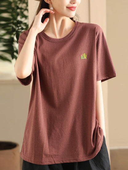 Women Summer Casual Solid Embroidery O-Neck Cotton Shirt CX060