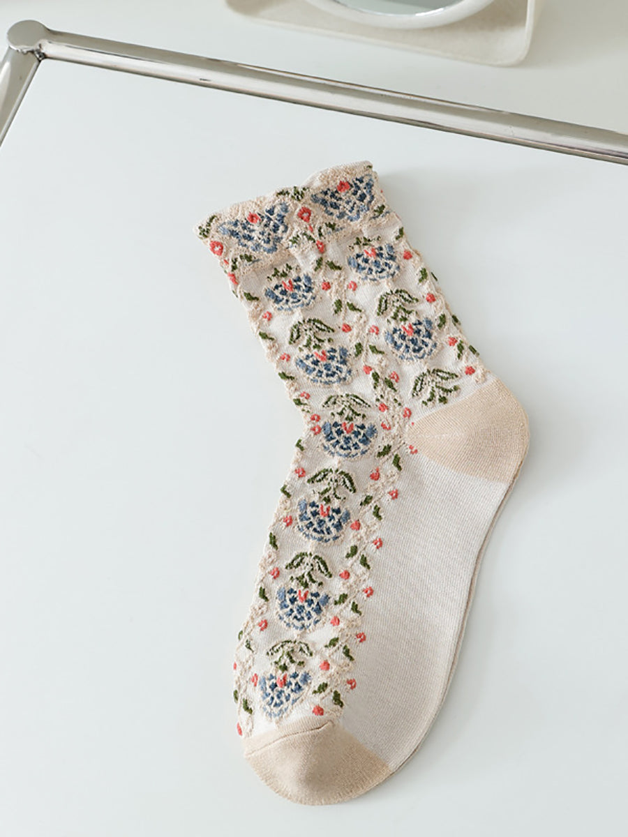 5 Pairs Women Artsy Floral Jacquard Cotton Socks AS1030